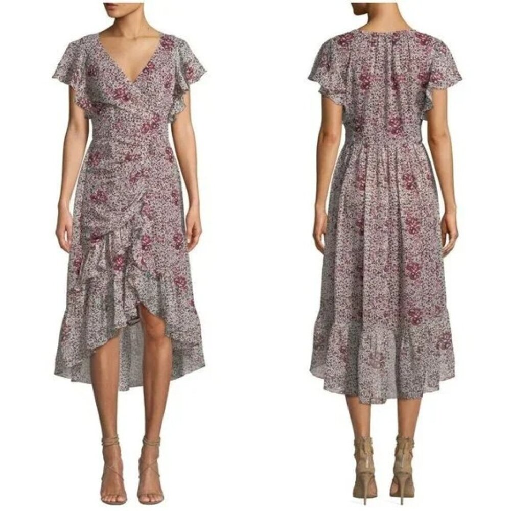 SHOSHANNA Burgundy Silk Floral Ruffle Flutter Sleeve Midi Dress Size 6 Elnora